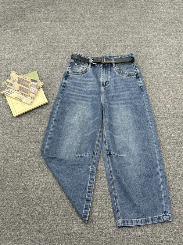 

Retro American Washed Knife Jeans Women's High Waist Wide Leg Blue Nine-Piece Spring Fashion plus Size Slimming Pants