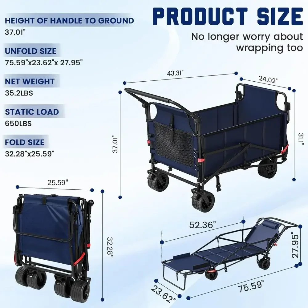 Durable 2-in-1 Collapsible Utility Wagon with 650lb Capacity, All-Terrain Wheels, Brakes, and Side Baskets - Blue
