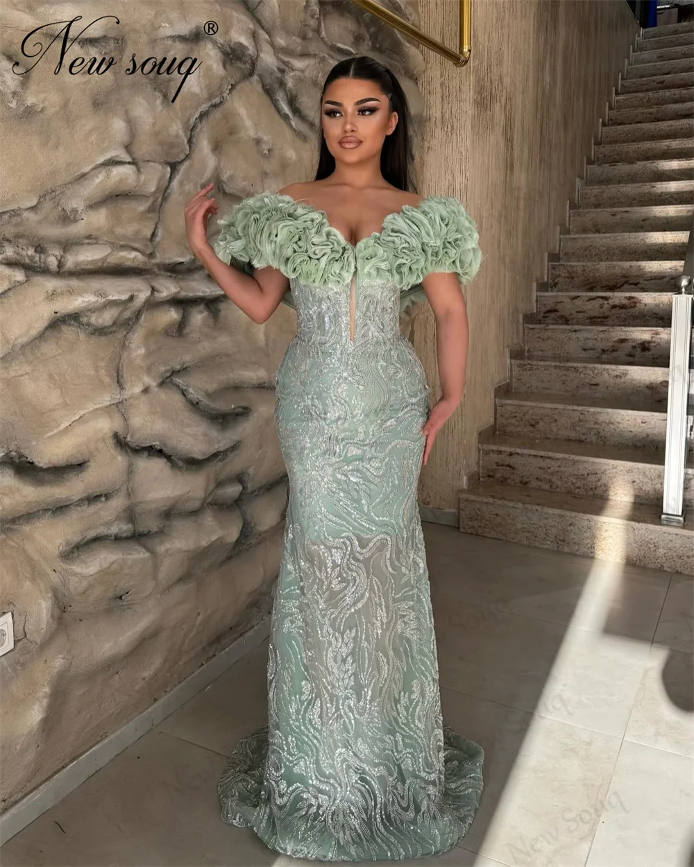 

Elegant Ruffles Off Shoulder Prom Dresses 2024 Arabic Dubai Sequins Evening Dresses Mermaid Wedding Party Gowns Robes De Soiree