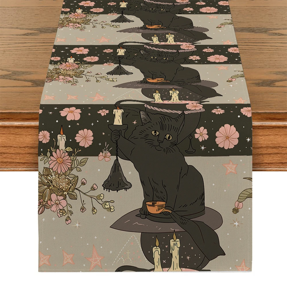 Halloween Cat Hat Rose Pot Table Runners Dresser Decor for Kitchen Holiday Party Table Runner Washable Dining Long Cloth