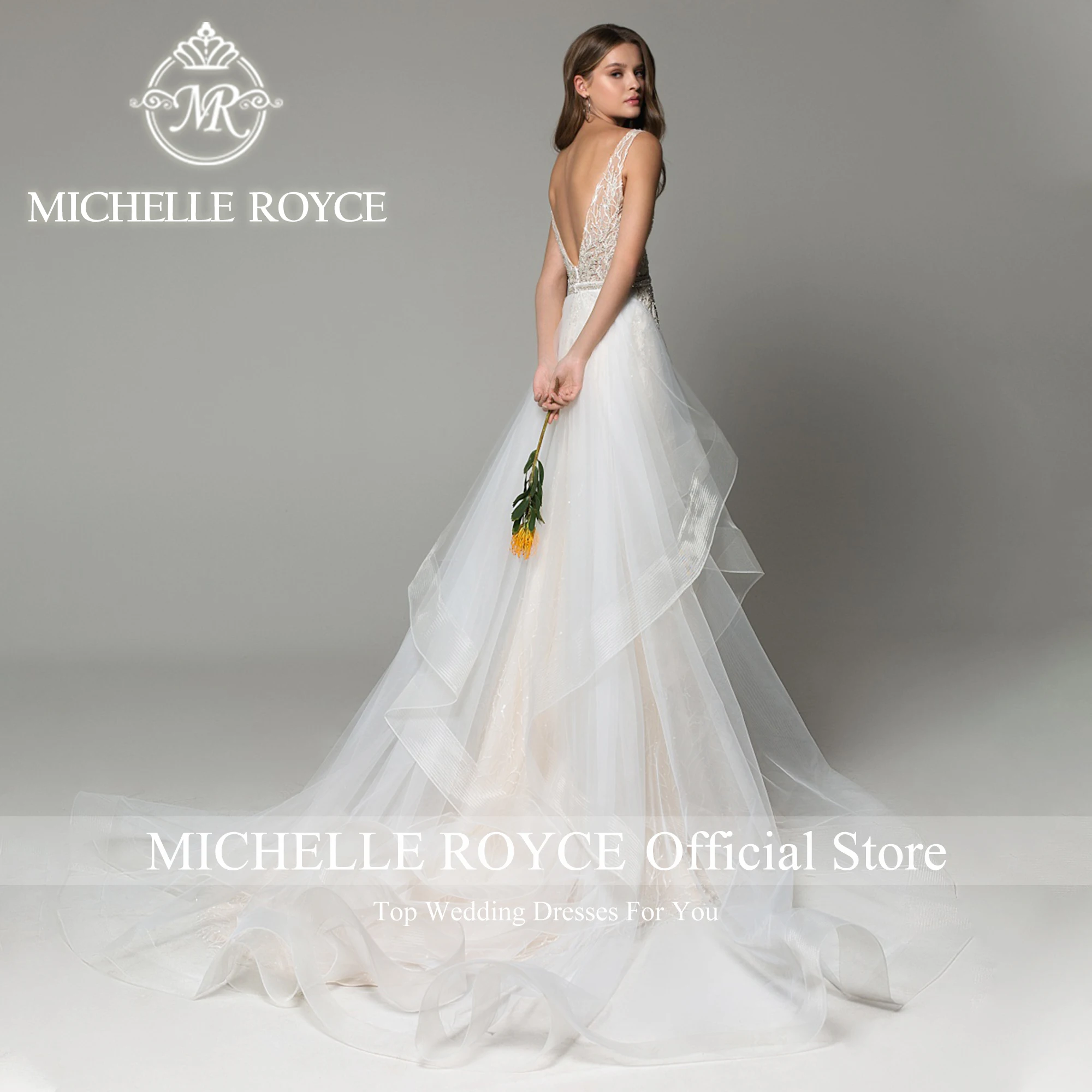 Michelle Royce 2 IN 1Mermaid Wedding Dresses Sexy Deep V-neck Beading Detachable Train Backless Wedding Gown Vestidos De Novia