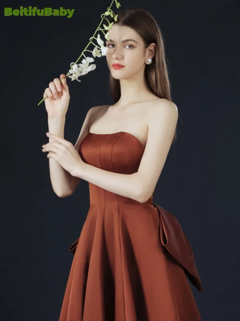 BeitifuBaby Evening Party Dresses for Women Double Sided Satin Princess Style Short-sleeved Bow Lace-up Luxury Dress Vestidos