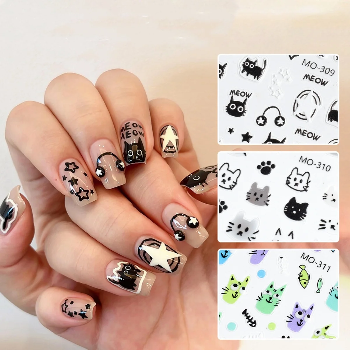 

1PC Black Silver Cat Animals Nail Sticker Decals Y2K Charms Cute Dog Cartoon Adhesive Sliders Foils For Manicure Nail Art