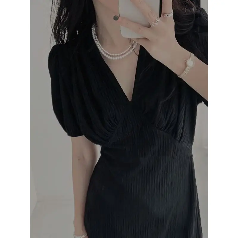 

Летнее плиссированное платье с V-образным вырезом и высокой талией, прямого кроя, из льняной ткани, для женщин среднего возраста