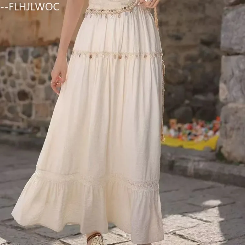 Hollow Out Lace Skirt 2025 Y2K Design Date Girl Women Cute Japan Chic Korea FLHJLWOC High Waist  Long Retro Vintage Tassel Skirt