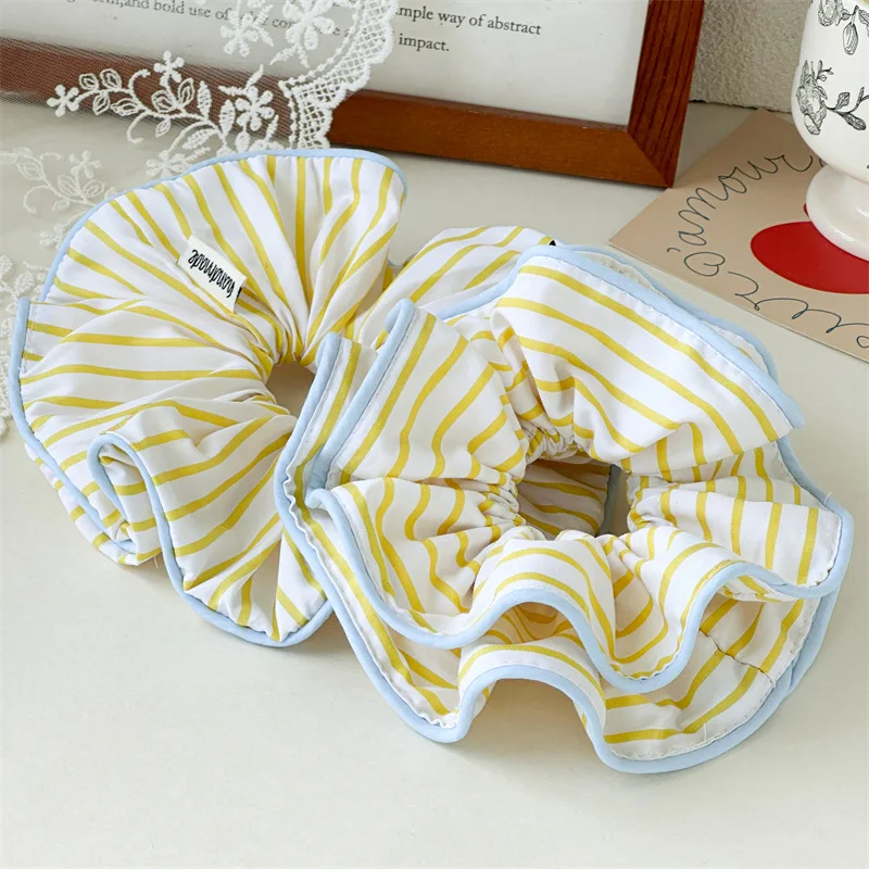 

Summer New Design Yellow And Blue Striped Fabric High Elastic Hair Rope Simple Fashion Double-layer Small Waist Hair Band