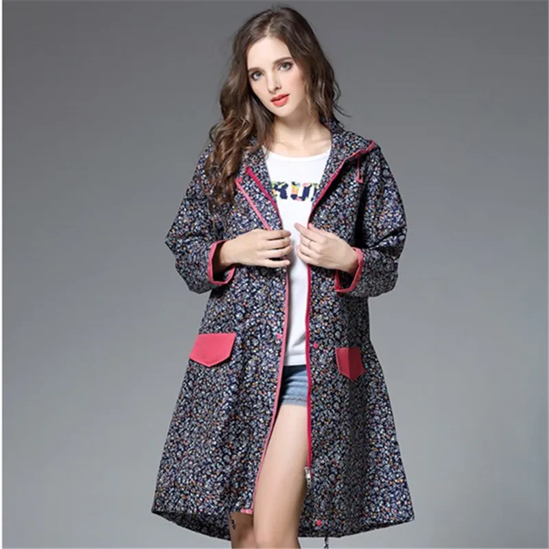 Navy/Khika Floral Raincoat Women Poncho Waterproof Outdoor Trip Rain Coat Jackets Female Belt Cloak Chubasqueros Mujer With Hood