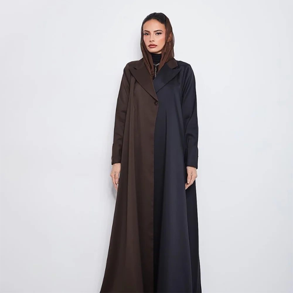 Patchwork Fabric Fashion Women Long Jacket Elegant Single Button Female Daily Coat Formal Ankle Length Dress