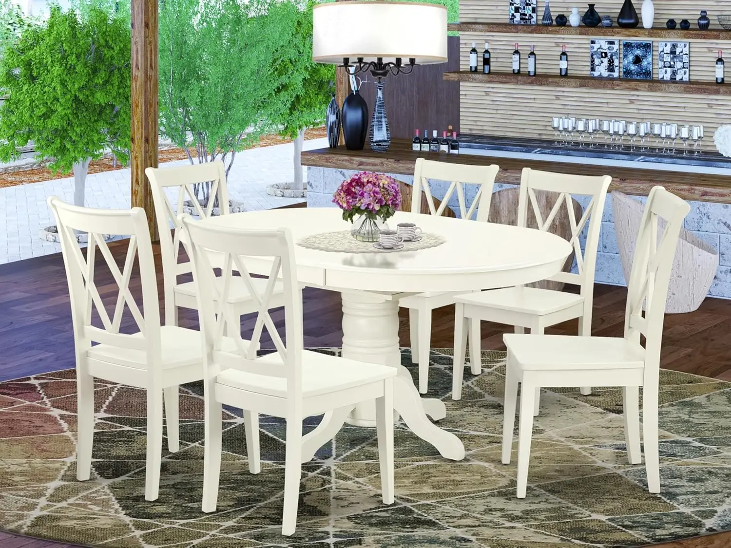 7 Piece Dining Table Set Consist of an Oval Wooden Table with Butterfly Leaf and 6 Dining Room Chairs, 42x60 Inch, Linen White