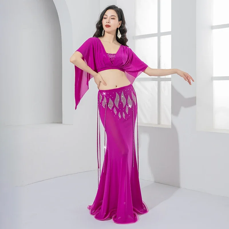 BellyDance Training Suit V-neck Half Sleeve Top+Sexy Split Long Skirt 2pcs Women's Oriental Dance Professional Practice Clothes