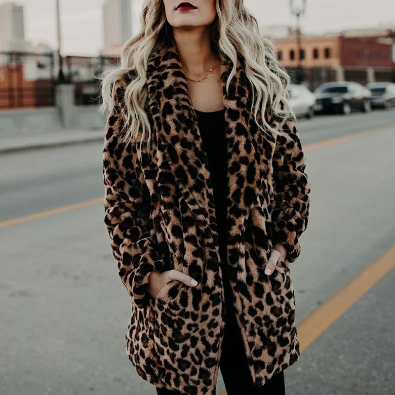 Women Winter Thick Warm Fashion Long Sleeve Luxury Leopard Print Faux Fur Coat Outerwear Artificial Jacket Plush Clothing