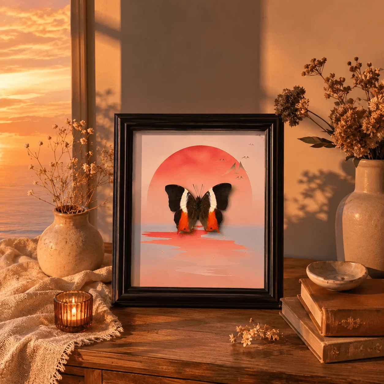 

Real Butterfly Specimen in Wooden Frame, Sunset Butterfly Wall Art Decor, 21x21x3cm Gift for Nature Lovers