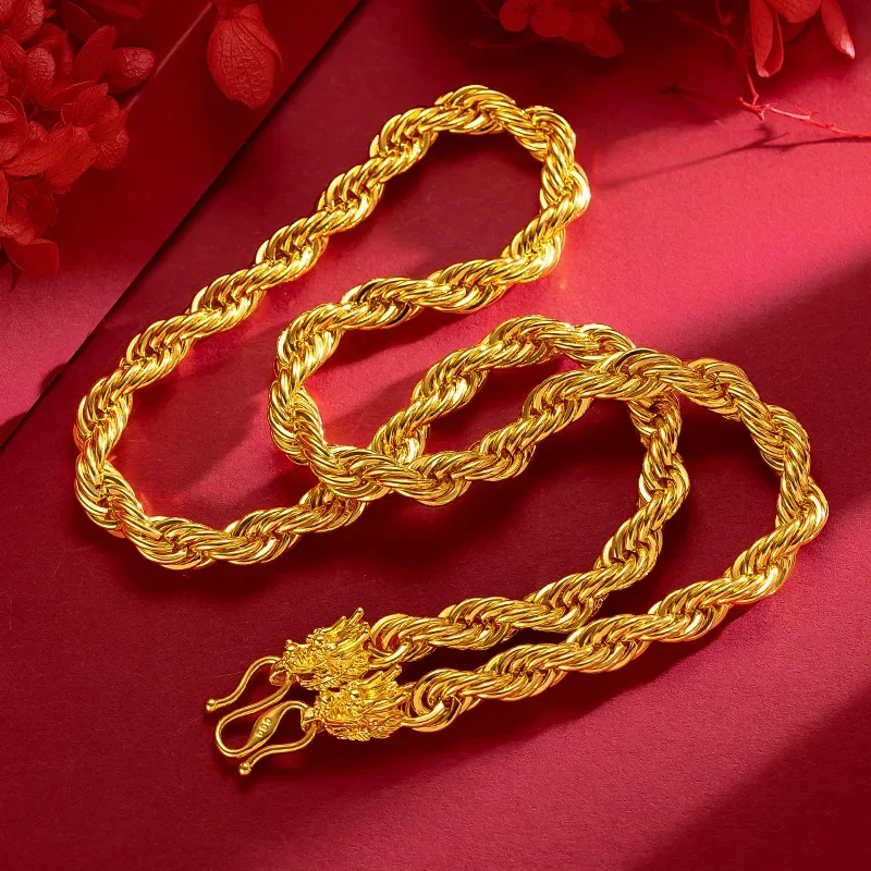 

AngLang New 100% Real 24K Gold Plated Distinctive Twist Necklace Chain Men's Boutique Gifts Dragon Head Twist Rope Long 70cm Jew