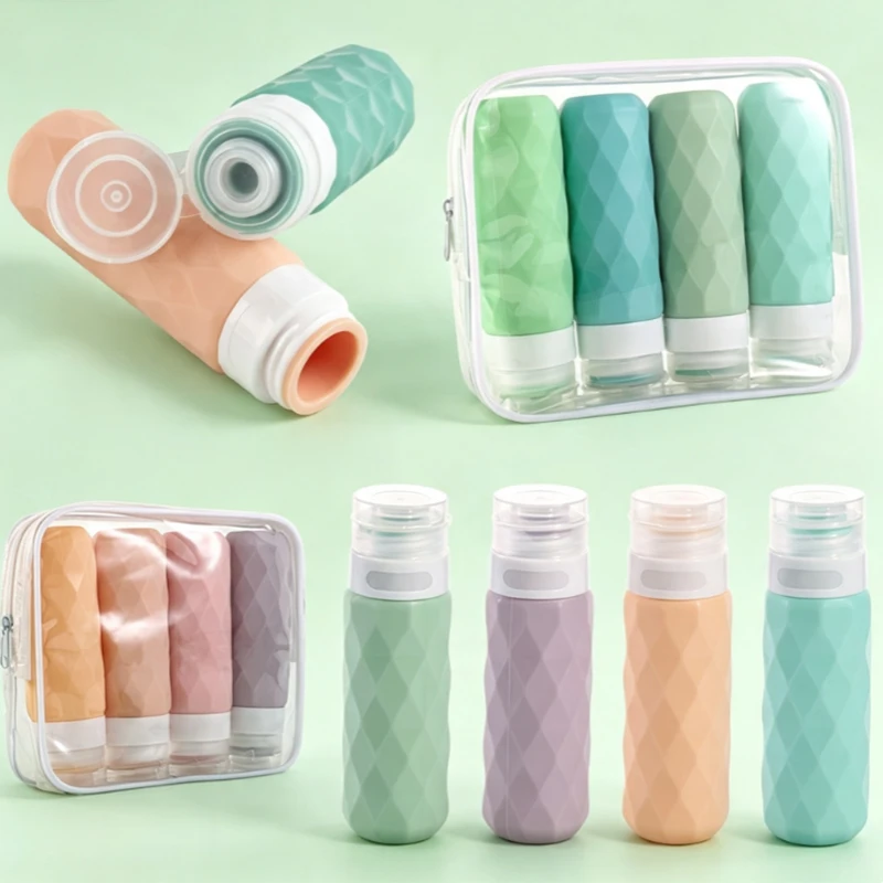 5/10Set 4PCS Empty Squeezable Silicone Lotion Travel Bottles For Toiletries Refillable Cosmetic Containers Accessories Essential