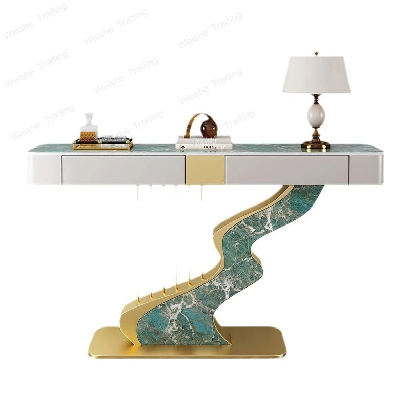 Mesa de Consola DIGGERA con 2 Cajones de Almacenamiento, Mesa de Entrada Larga Moderna con Superficie de Pizarra, Mesas Decorativas para Pasillo, Base con Marco de Metal