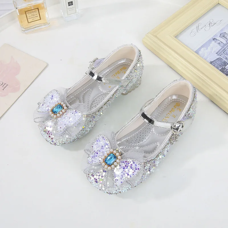 Girls Princess Leather Shoes Children's Performance Leather Shoes Children Crystal Middle Heel Shoes Girls Casual Single Sandals