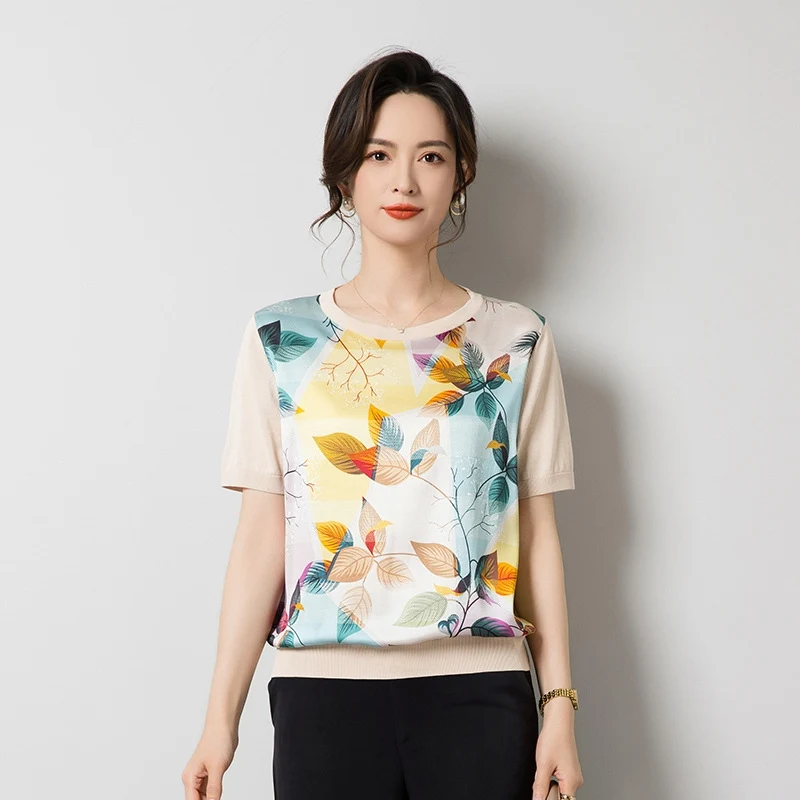 Birdsky, 1PC Women pullover sweater tee T shirt top short sleeve 90% mulberry silk 10% spandex print, S-1042