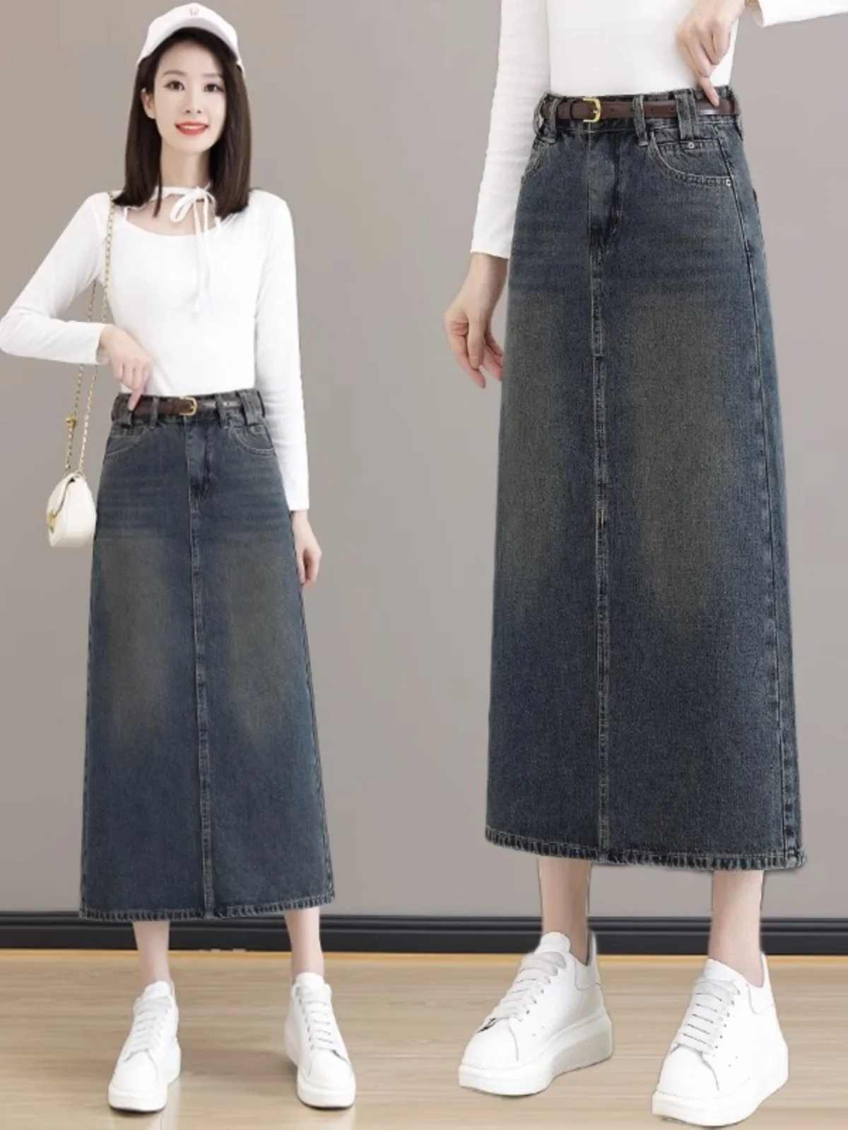

High Waist A-Line Skirt Women's Zipper ket Denim Split Step High Waist Midi Skirt Spring Autumn New Arrival