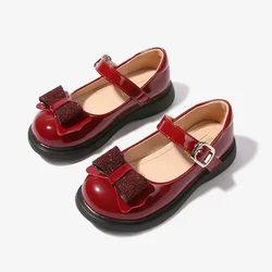 Girls Leather Shoes Black Red Children New Fashion Elegant Shiny Bowknot Kids Princess Shoes Hook & Loop Shallow Wedding Shoes