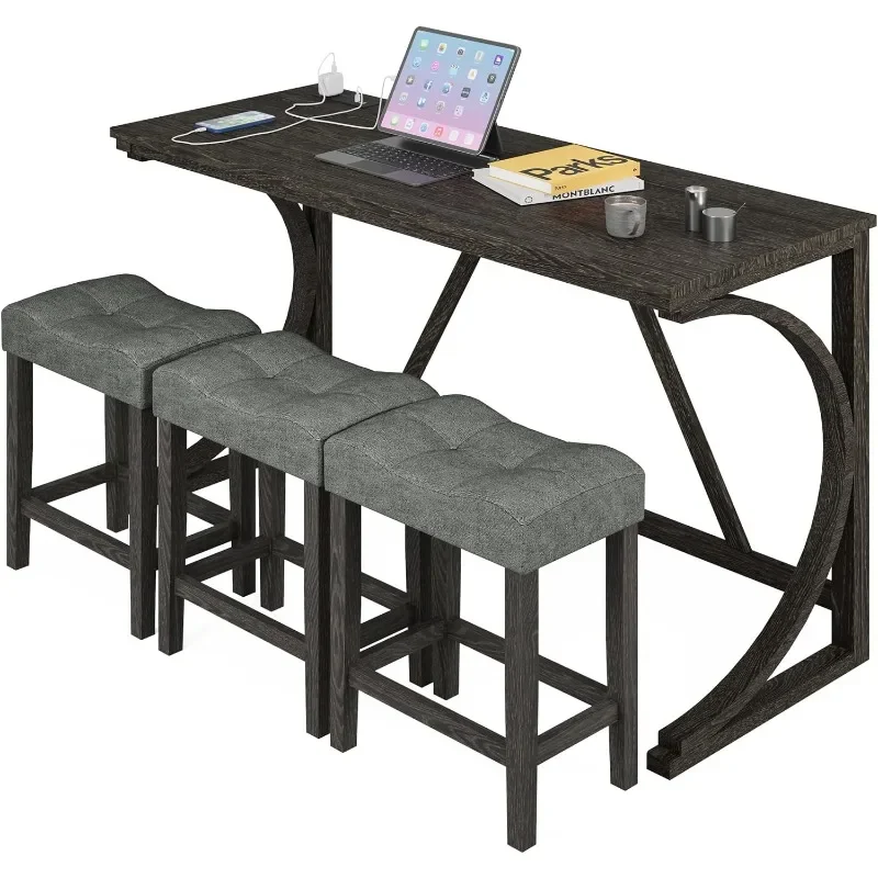 allamazing  Counter High Bar Table Set with Socket and  Fabric Padded Bar Stools, Tall Kitchen Breakfast Nook with Stool