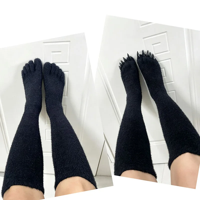 1Pair New Fashion Cartoon Animal Long Nail Five Finger Over The Knee Socks Halloween Cosplay Props Solid Color Furry Toe Socks