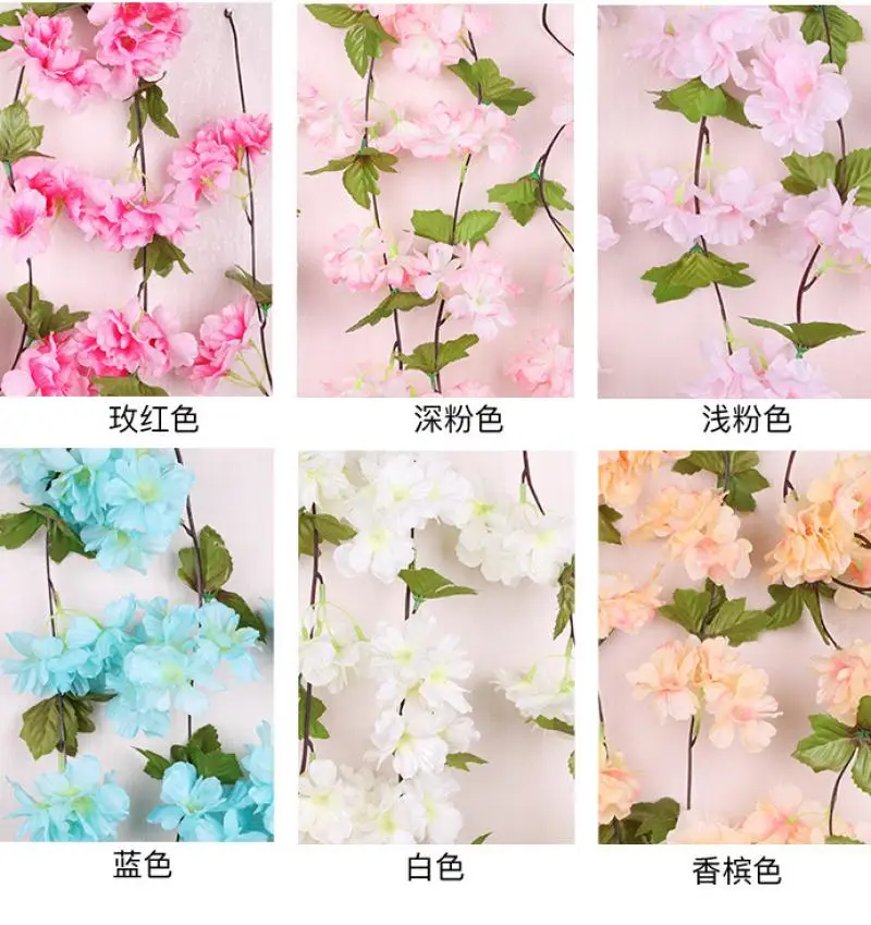 2.3M Artificial Cherry Blossom Flower Vine Ceiling Wedding Floral Arrangement Material Fake Plants Rattan Garden Outdoor Decor