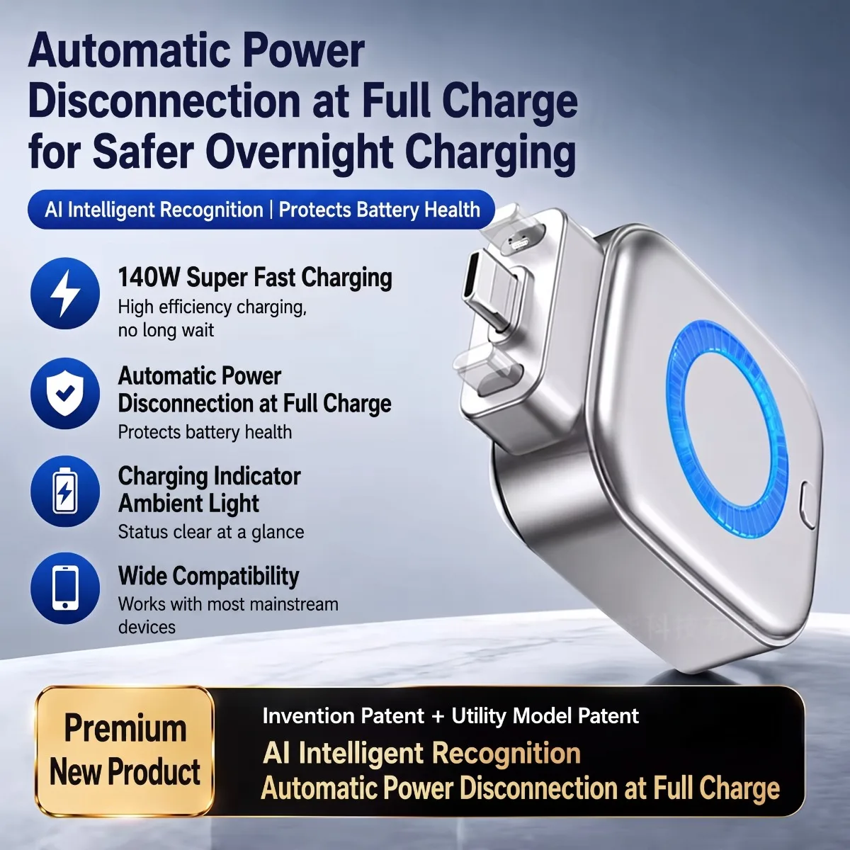 140W Type-C Fast Charging Adapter Auto Physical Disconnect Overcharge Protection Safe Overnight Charging for All Type-C Devices