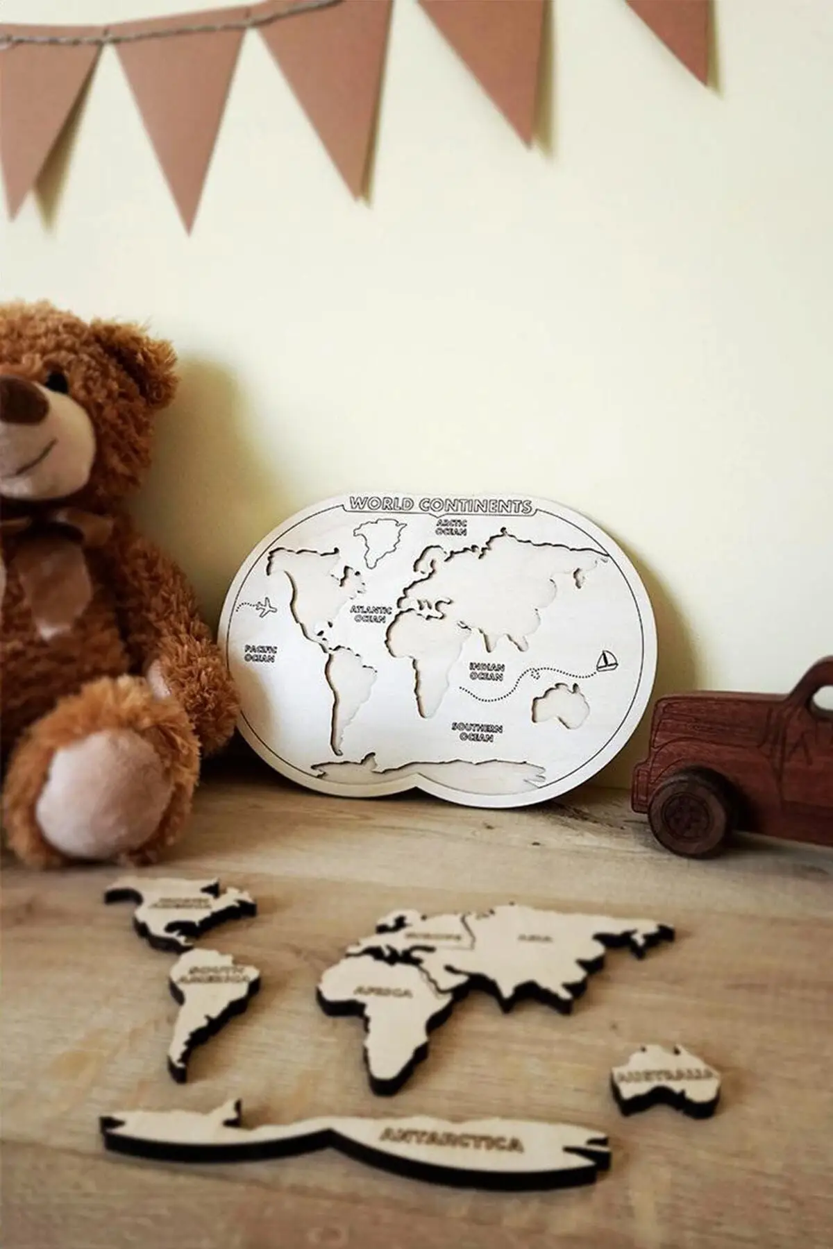 Preschool Wooden World Map Continents