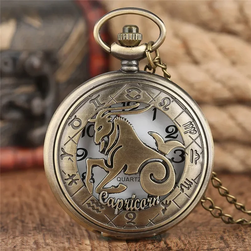 Vintage Hollow Out Twelve Constellation Men Women Analog Quartz Pocket Watch Chain Arabic Number Clock Birthday Gift Timepiece