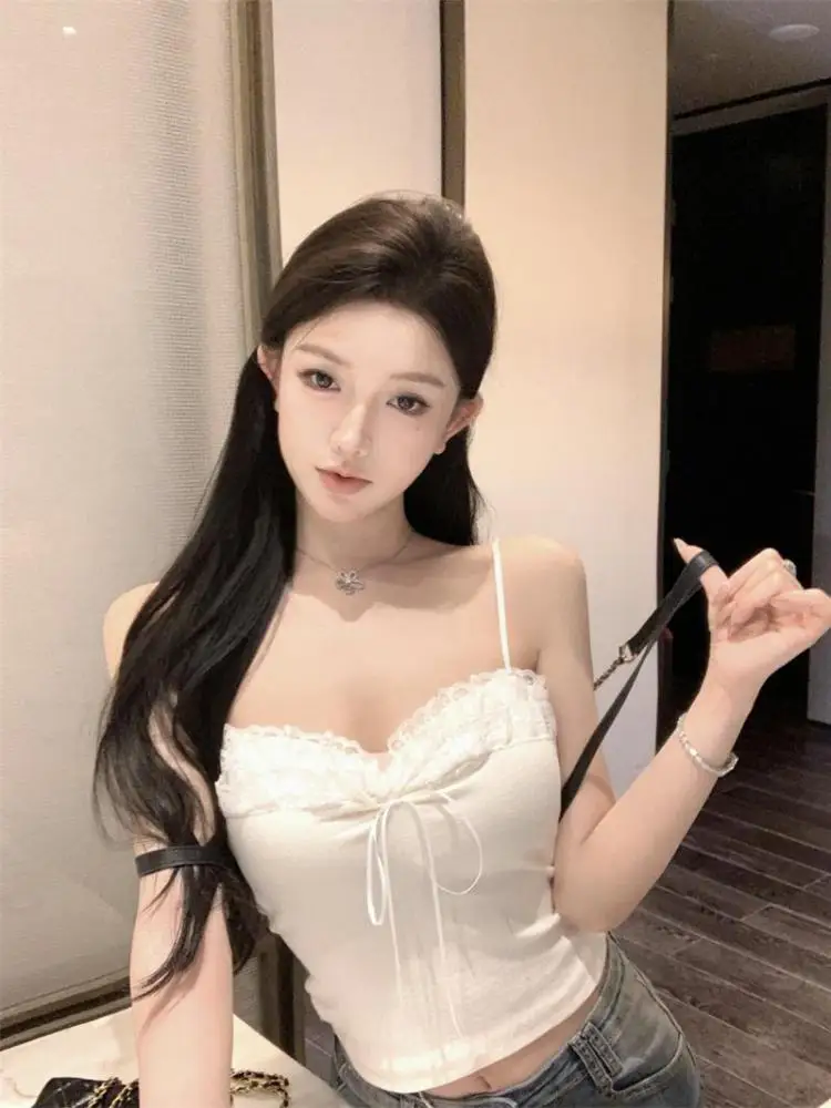 

Korean Women Beige Patchwork Lace V Neck Backless Short Slip Tops Summer Sexy Club Sleeveless Lace-up Top Fashion Clothing Trend