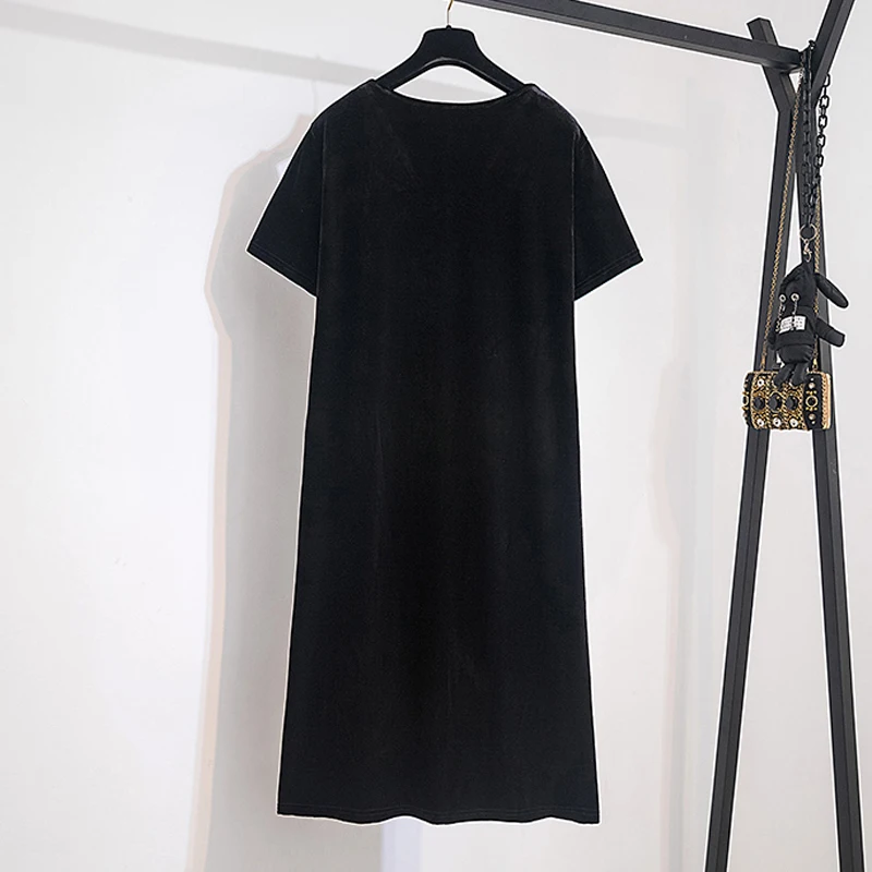 Women Velvet T-shirt Dresses Summer Female V Neck Short Sleeve Large Size Elegant A Line Black Calf Length Loose Split Vestidos