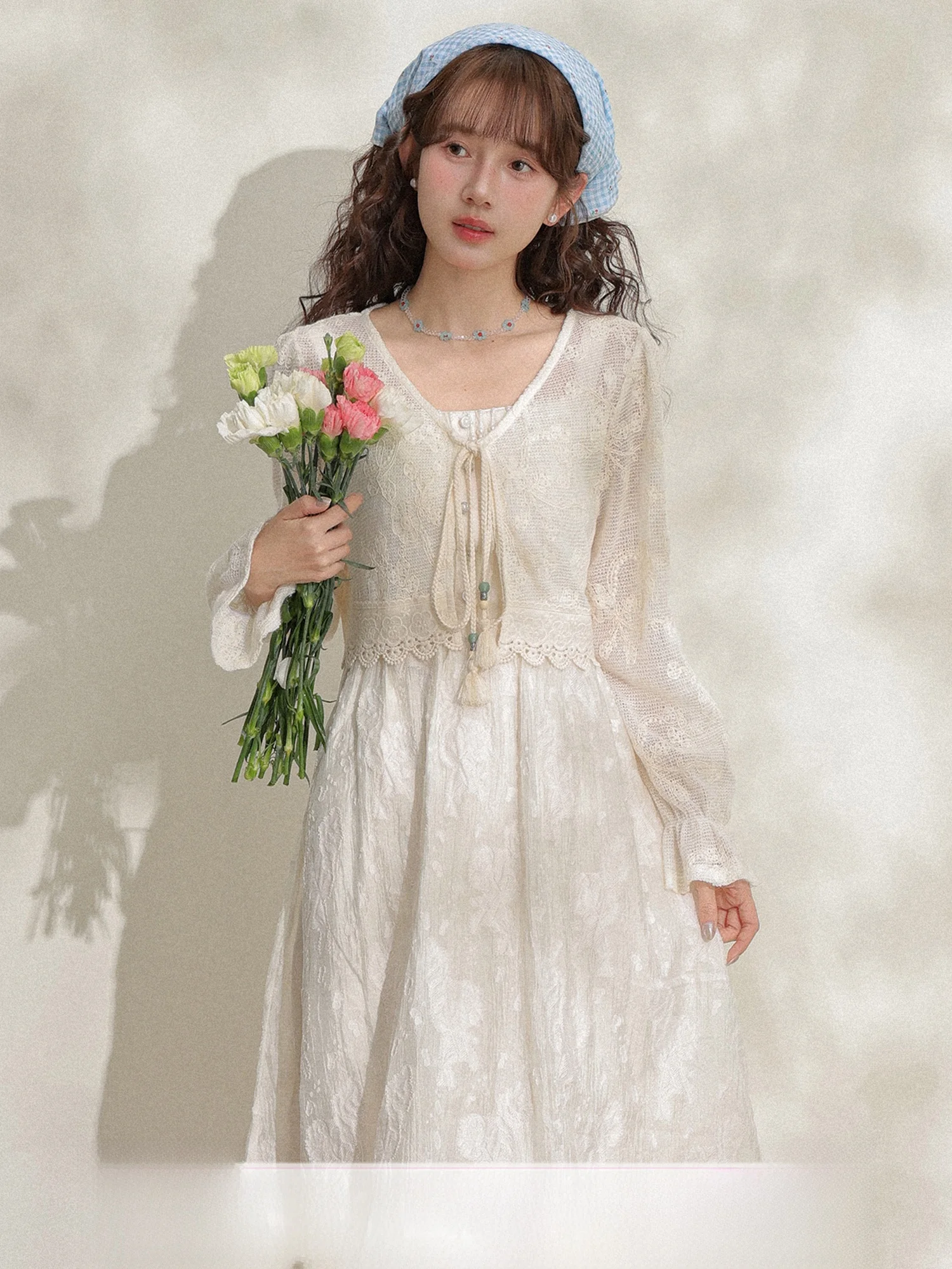 

Short Lace Hollow Knitted Cardigan V-neck Tassel Belted Outerwear Summer New Style Three-Inch Lotus Simple Style Women's Jacket