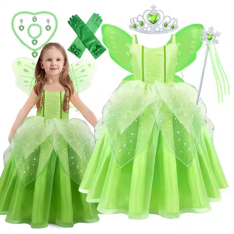 2024 Pixie Fairy Ball Gown Off Shoulder Suspenders Frock Tinker Cosplay Girls Delicate Fancy Princess Dress Toddler Elf Costume