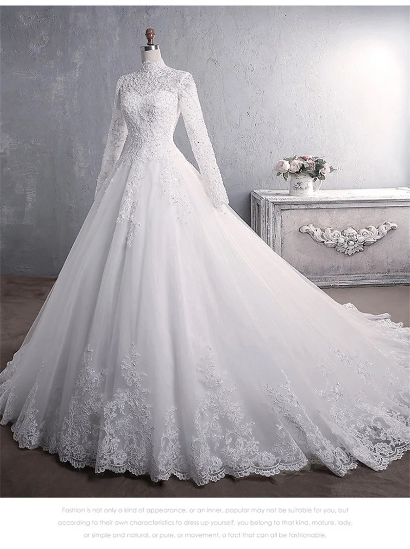 Luxuriöses A-Linien-Hochzeitskleid für Damen, Stehkragen, volle Ärmel, applizierte Spitze, Perlen, Brautkleid, formelle Geburtstags-Robe auf dem roten Teppich