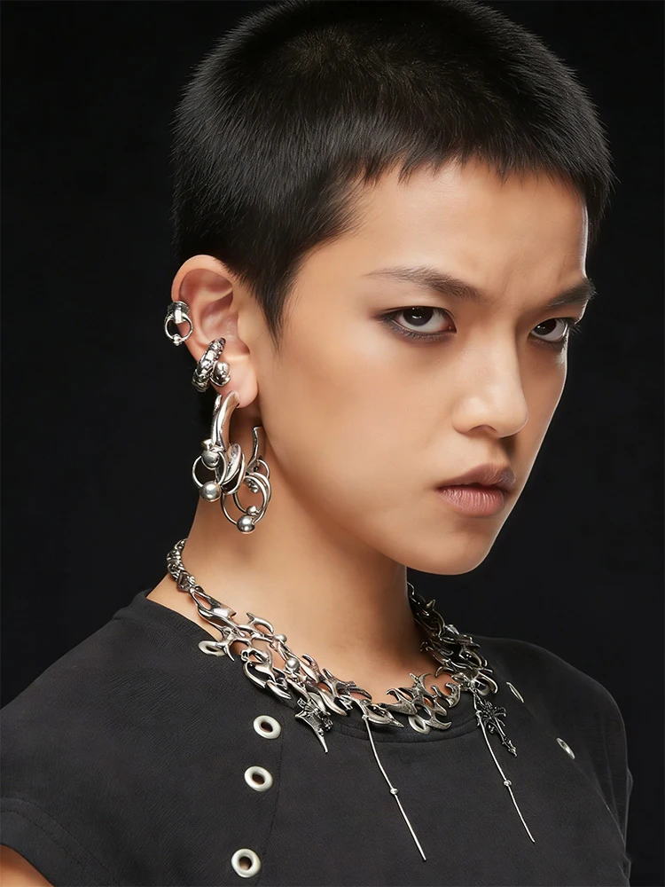 Trendy Copper Jewelry Accessories for Men & Women: Bold Statement Hoop Earrings with Unique Mixed-Shape Design, Edgy Stylish Dai