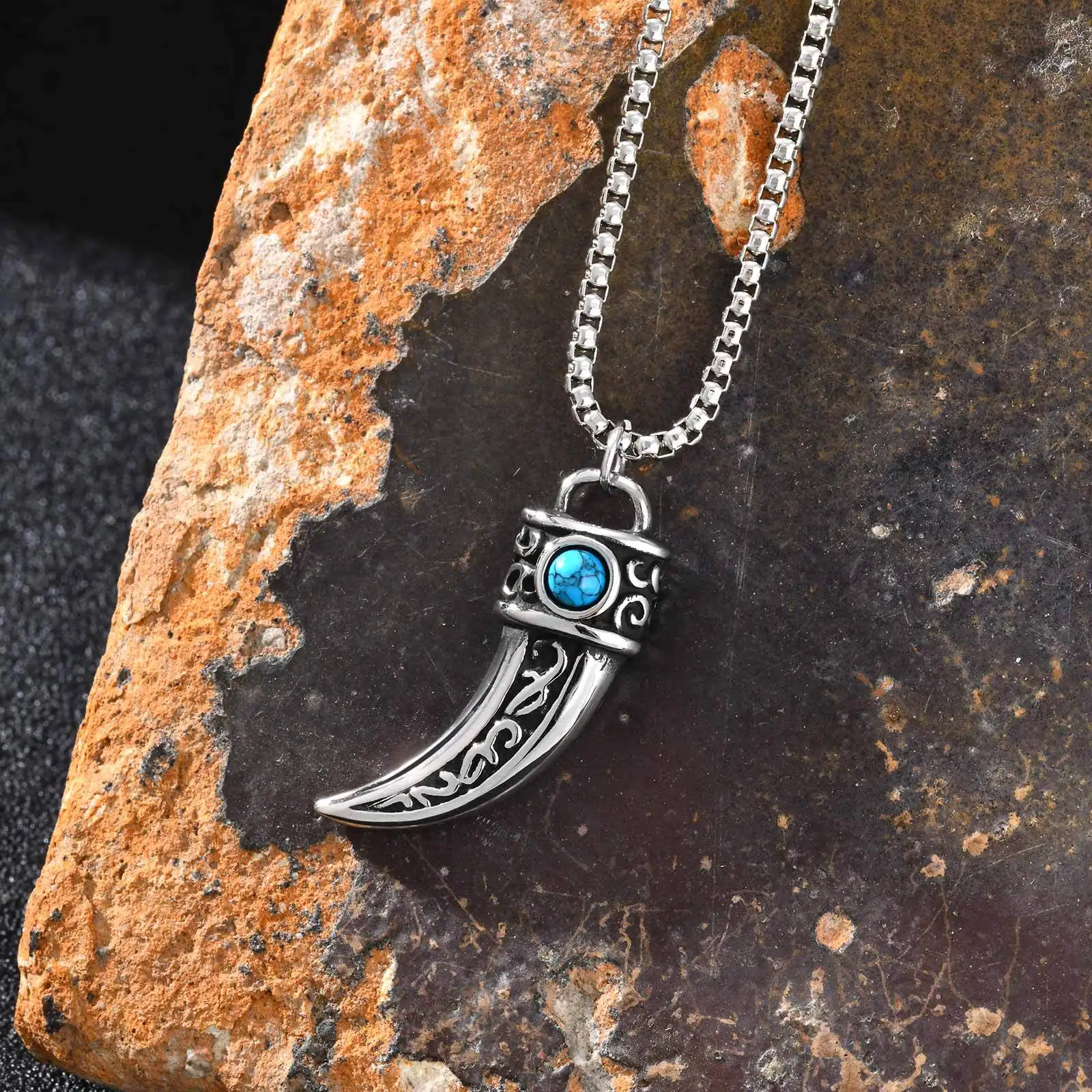 Vintage-Halskette mit Horn-Charms für Männer und Jungen, wasserfester Naturstein-Anhänger, Accessoires im ethnischen Stil, Geschenk – Detail 3