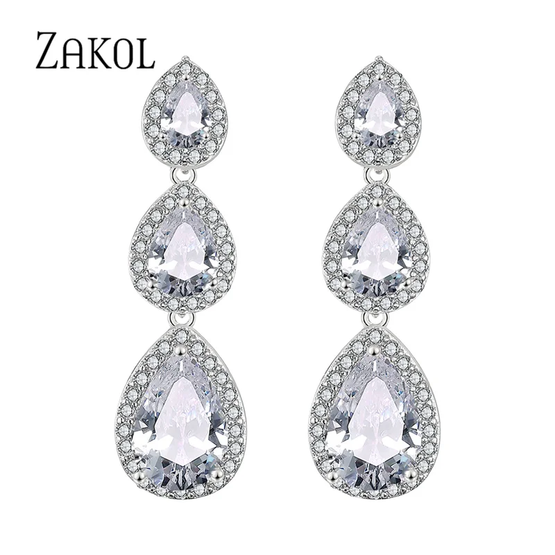 ZAKOL Fashion Water Drop CZ Zirconia Long Dangle Earrings for Women Bridal Wedding Party Crystal Jewelry EP2208