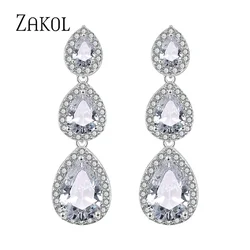 ZAKOL Fashion Water Drop CZ Zirconia Long Dangle Earrings for Women Bridal Wedding Party Crystal Jewelry EP2208