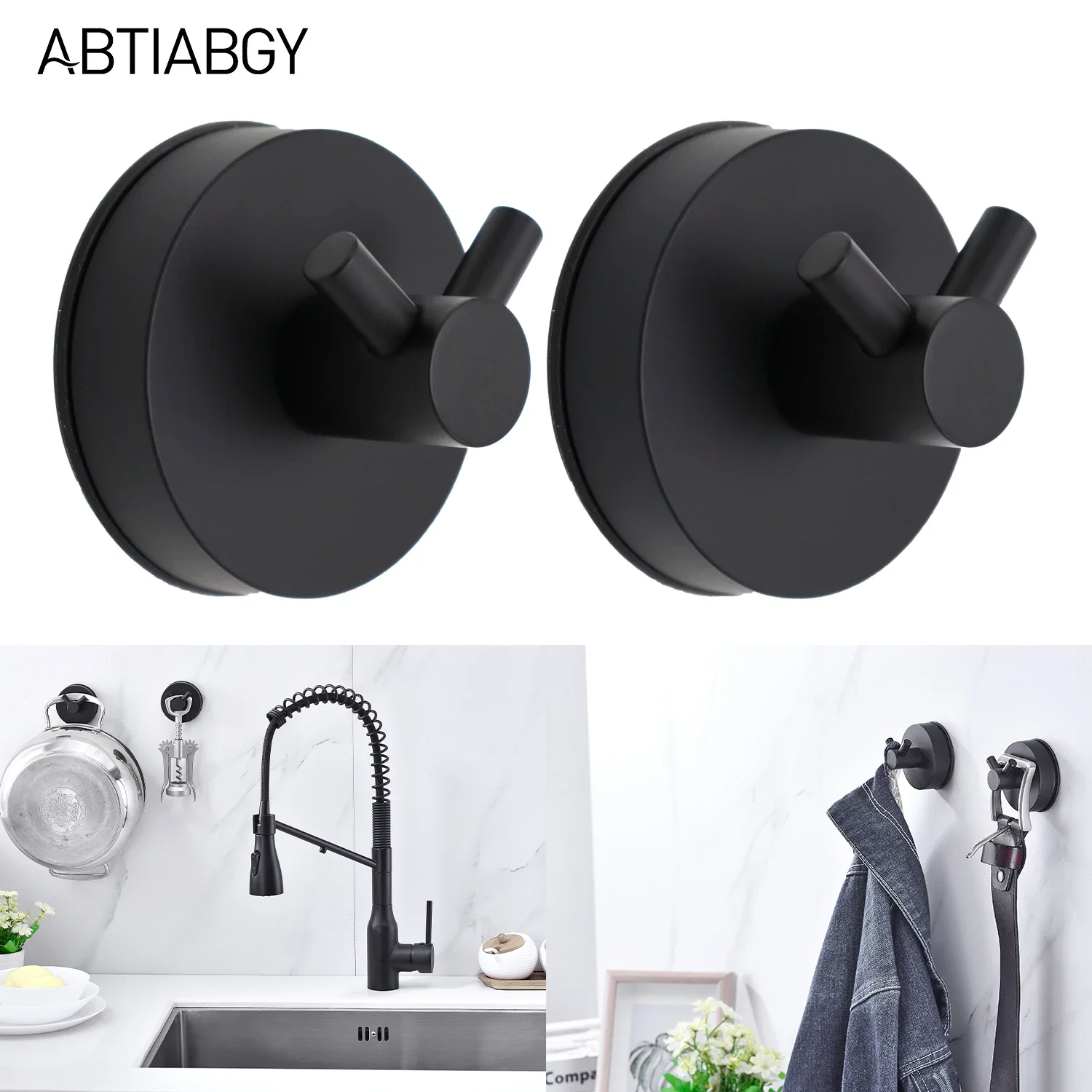 2pcs Strong Shower Suction Cup Hook Stainless Steel Vacuum Towel Hooks Black Waterproof Kitchen Bathroom Hook Robe Hook 5KG