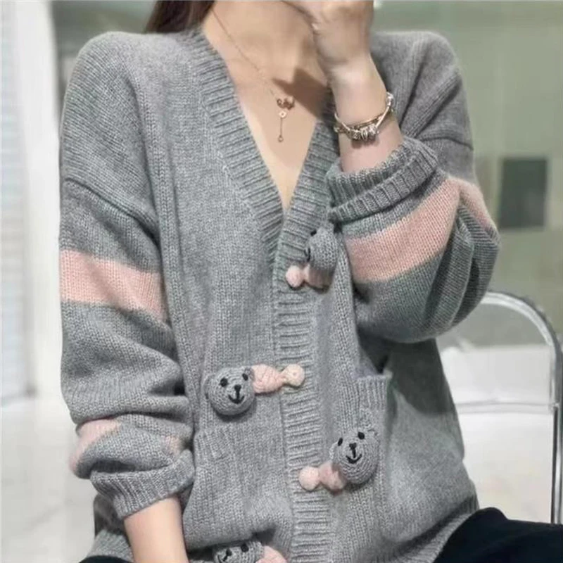 Women's Wool Cardigan, V-neck, Colored Pocket, Mid Length Coat, Sweater, 100 Wool Knitted Jacket, Little Bear, Autumn and Winter