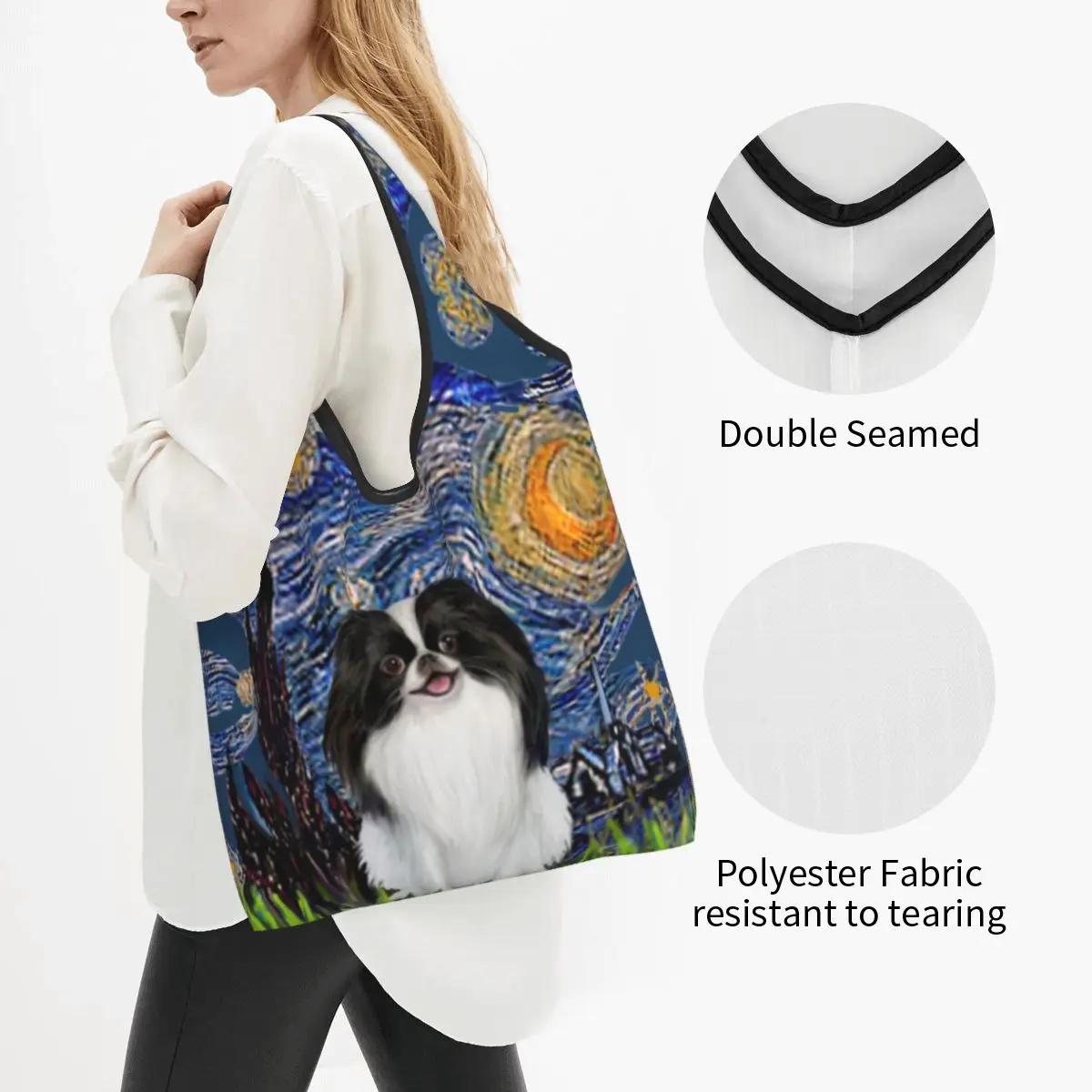 Kawaii Starry Night Free Form Japanese Chin Shopping Tote Bags Portable Van Gogh Dog Grocery Shopper Shoulder Bag