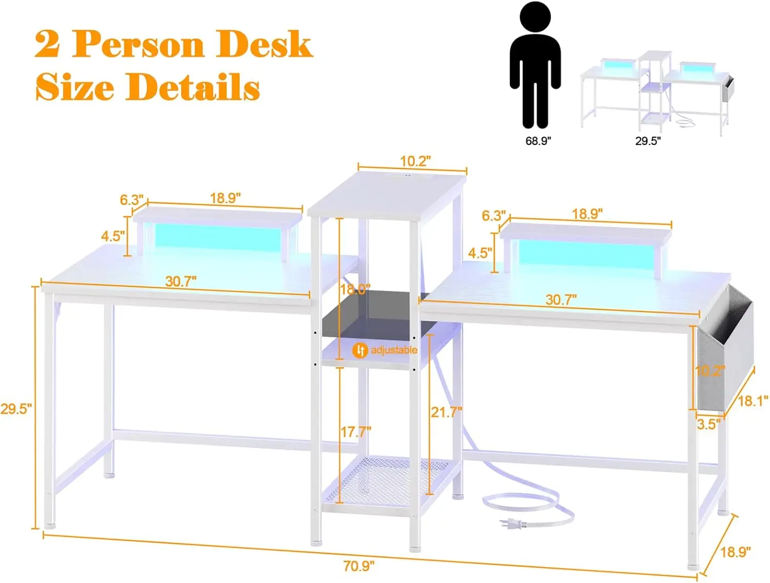 2 Person Gaming Desk with LED Lights, 71 Inch Computer Desk with Power Outlets and Monitor Stand, Double Desk with Storage Bag a