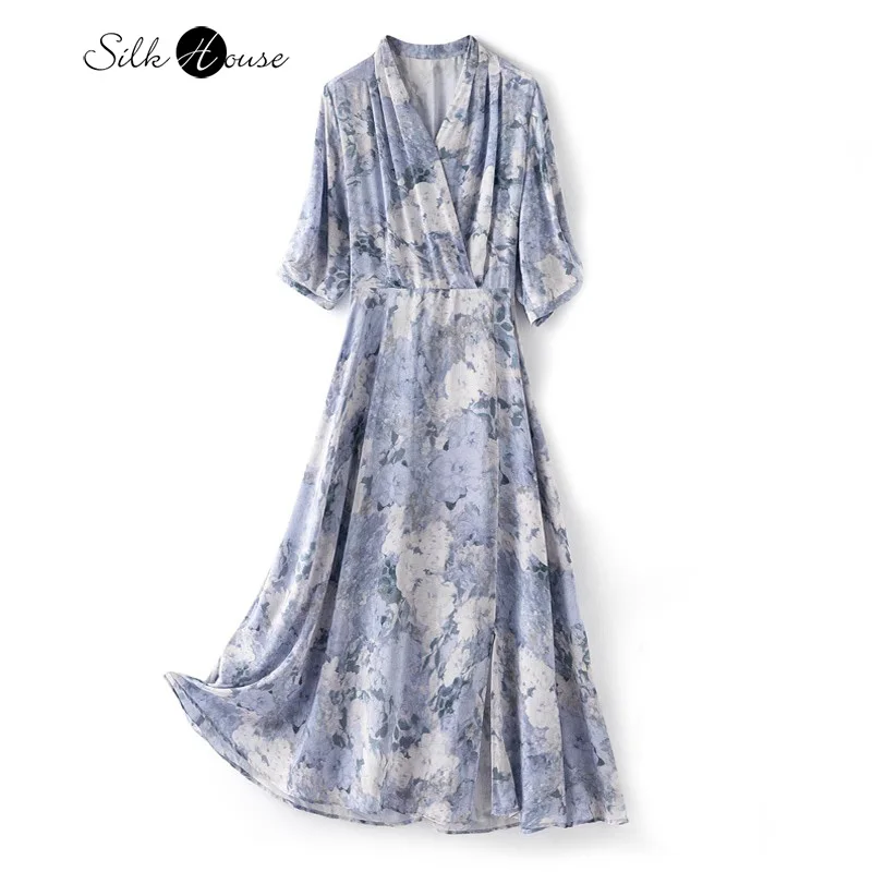 Halo Dyeing Style 100% Natural Mulberry Silk Crepe De Chine V-neck Large Hem Women's Printed Temperament Summer Party Dress