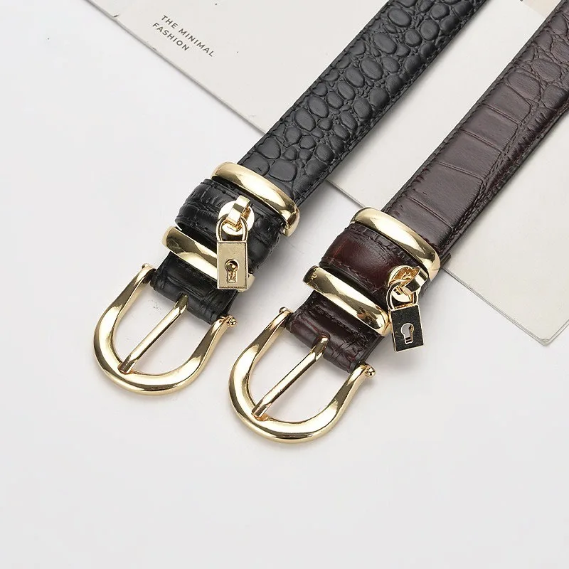 Ladies Belt Crocodile Pattern Cowhide Pin Buckle Casual Wide Belt Lock Accessories Simple Fashionable Personalized Leather Belt