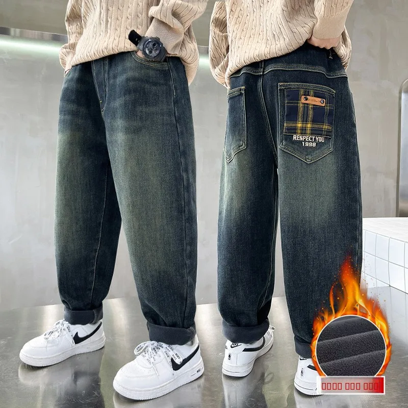 

Thickened Fleece Lined Boys Jeans Autumn Winter Style Trendy Brand Cotton Stretch Denim mid High Waist Slightly Elastic Strai...