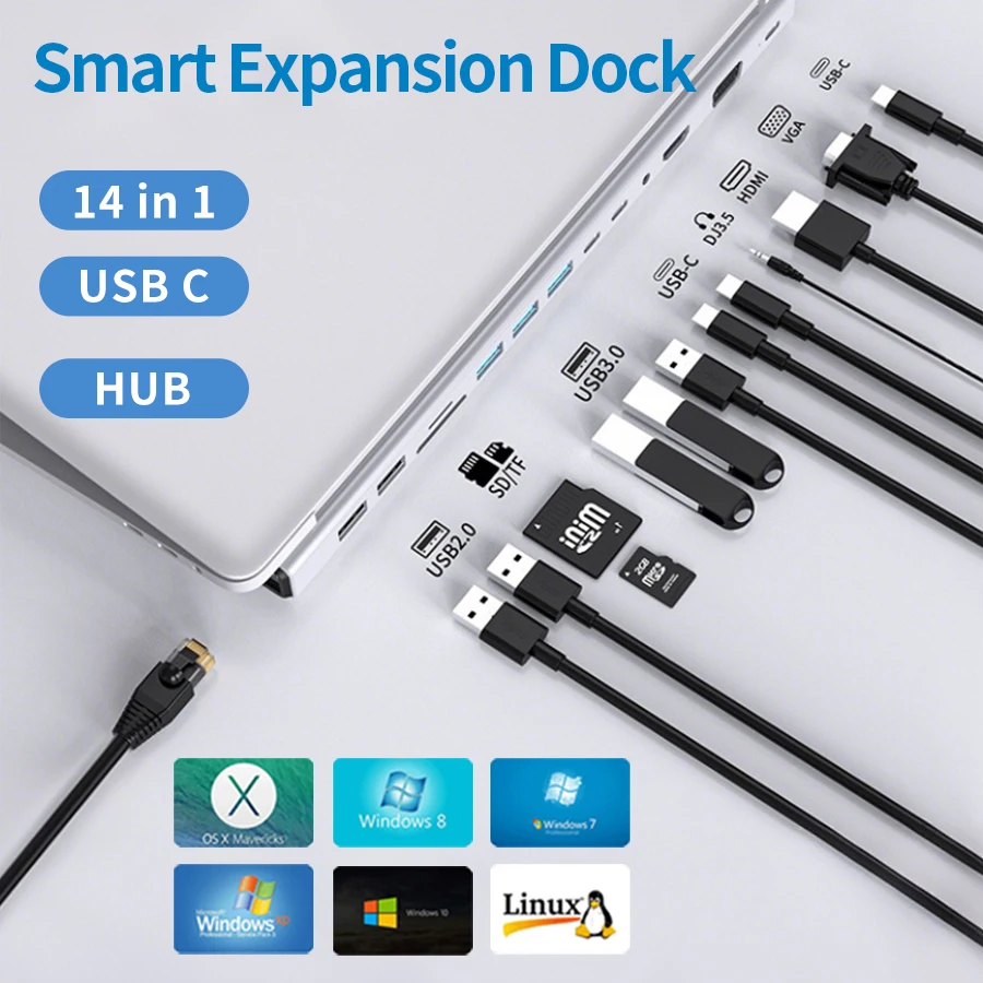 14 in 1 Docking Station HUBUBB-C Interface High-speed Data Transmission Multi Port Distributor Compatible with Multiple Systems