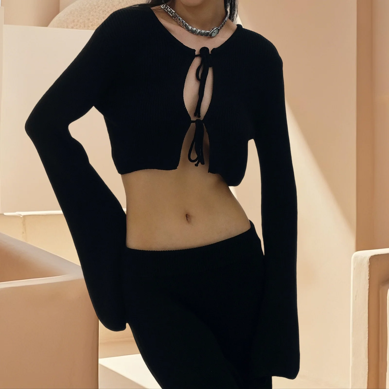 Cárdigan liso de manga larga acanalado Fairycore para mujer, cuello redondo, Otoño, primavera, tejido con lazo, cárdigan ajustado calado, suéteres, Tops