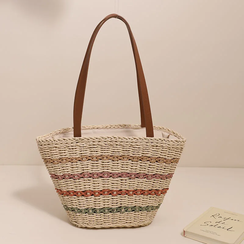 Sac fourre-tout tissé en paille bohème pour femme, sac à bandoulière de plage, sac d'épissure en cuir PU, sac à main de créateur de luxe décontracté pour femme, grande capacité