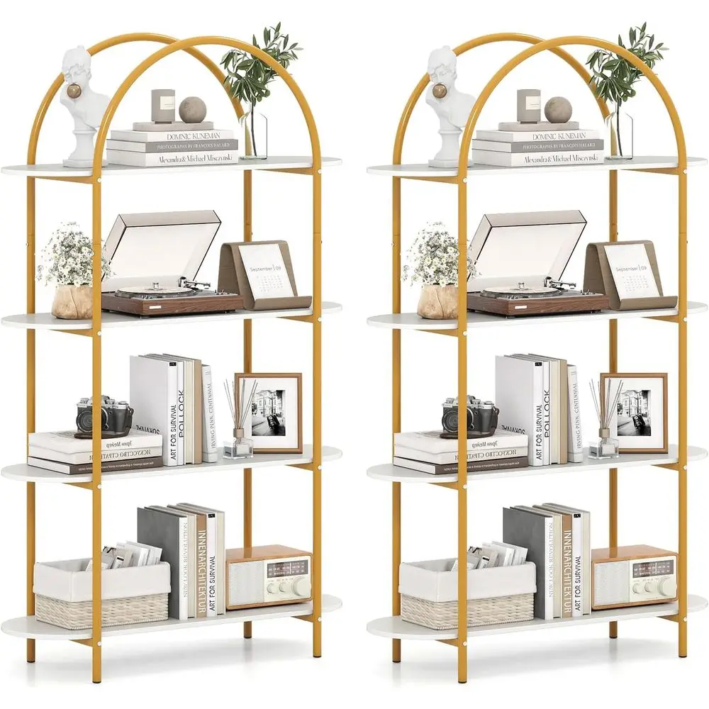 

2-4 Tier Arched Metal Bookshelf, Elegant Standing Storage Organizer for Living Room, Home Office, and Bedroom, Gold & White