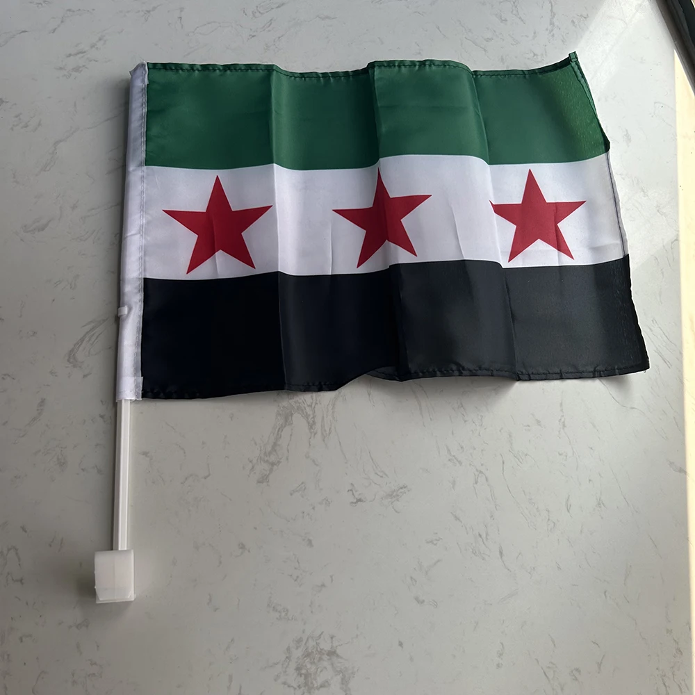 30x45cm Syria Car Flag 12x18inch three star Syrian Window flag Bearer Standard-Bearer Waving Flags with Plastic Flagpole